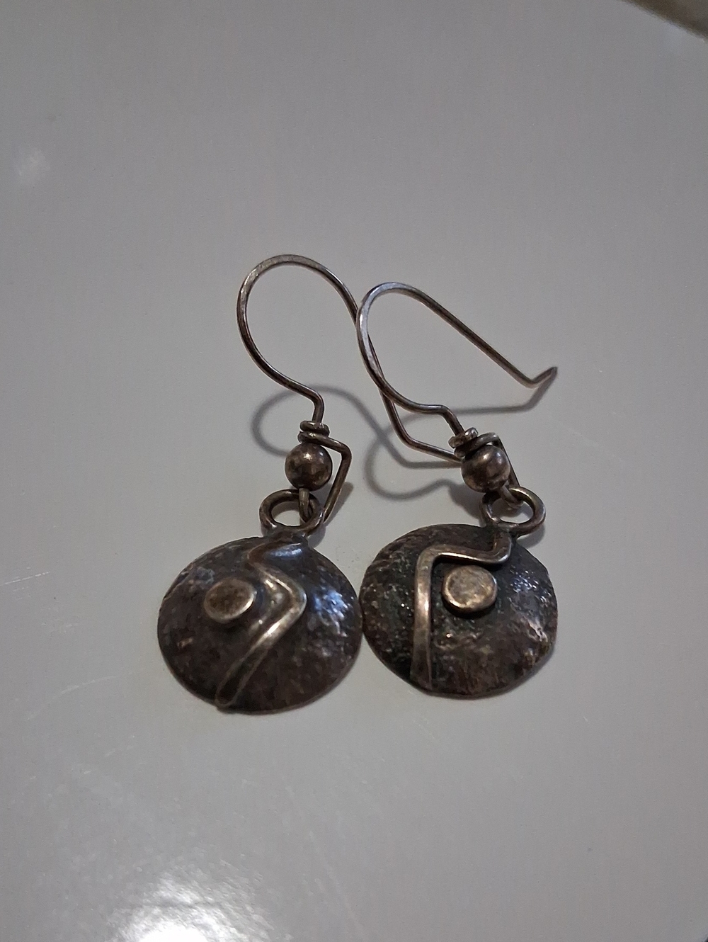Sterling Silver Disc Drop Earrings - Oxidized Silver
